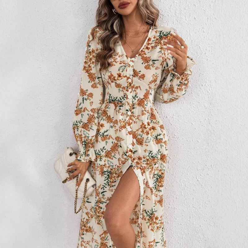 Robe femme fleurie à manches longues avec col en V | Rêve