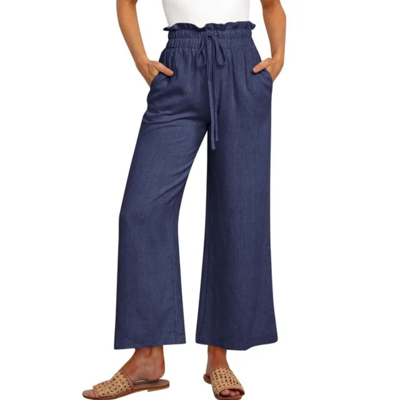 Pantalon femme à jambes larges avec taille ajustable et poches latérales | Rêve Bleu foncé