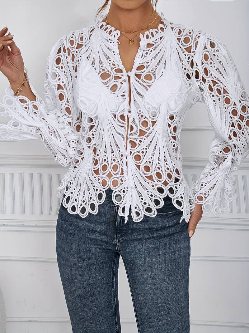 Blouse pour femme à col V avec manches longues et fermeture boutonnée | Rêve