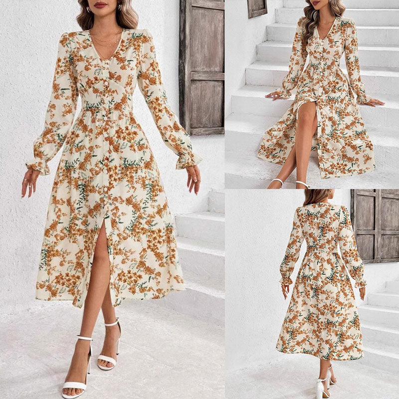 Robe femme fleurie à manches longues avec col en V | Rêve
