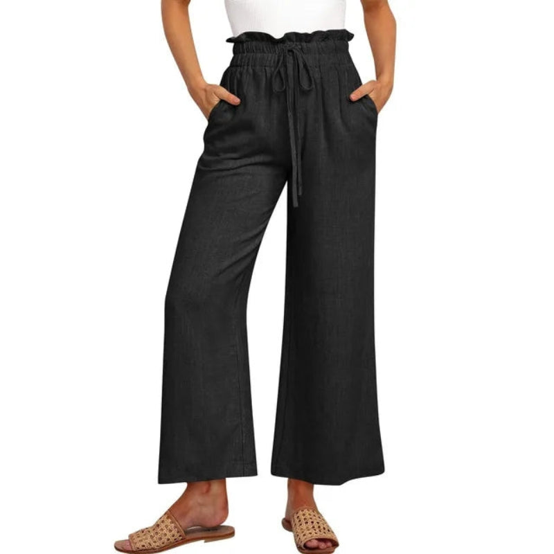 Pantalon femme à jambes larges avec taille ajustable et poches latérales | Rêve Noir