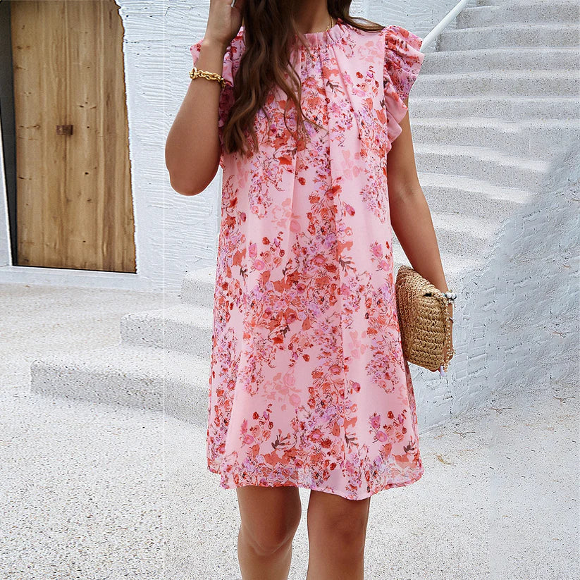 Robe femme sans manches à col montant avec imprimé floral | Rêve Rose clair