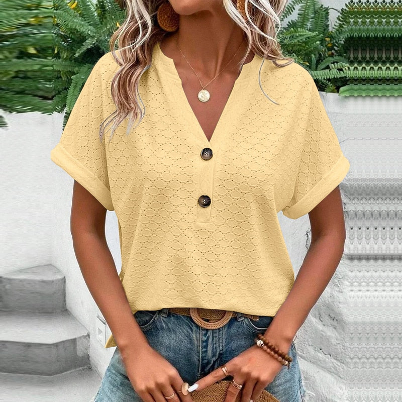 Blouse à col V avec boutons et manches courtes pour femme | Rêve Jaune