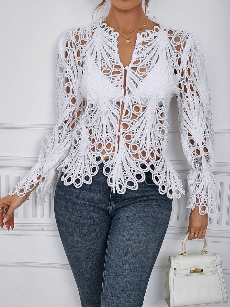 Blouse pour femme à col V avec manches longues et fermeture boutonnée | Rêve