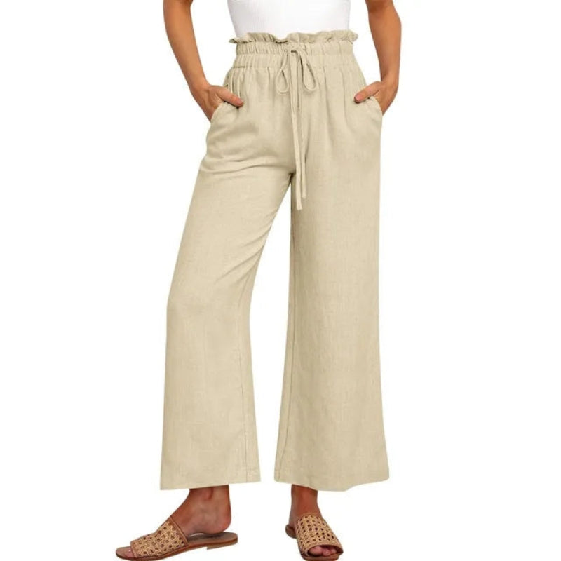 Pantalon femme à jambes larges avec taille ajustable et poches latérales | Rêve Beige