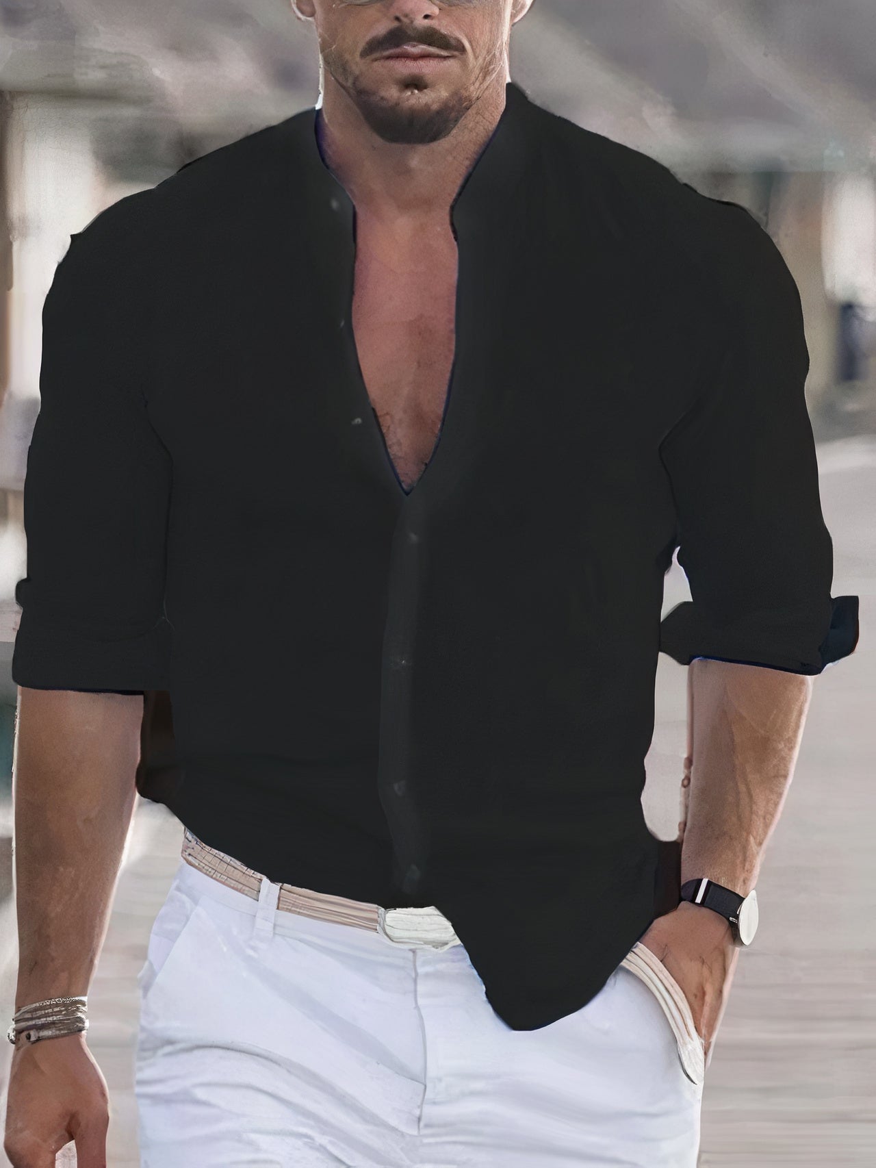 Chemise en mélange lin et coton à manches longues pour homme | Rêve Noir