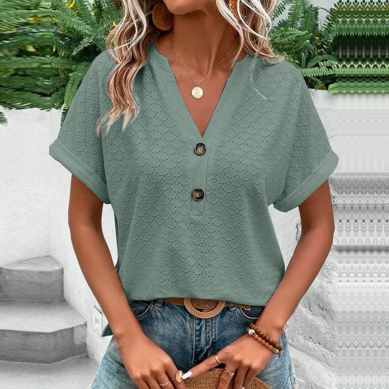 Blouse à col V avec boutons et manches courtes pour femme | Rêve Vert