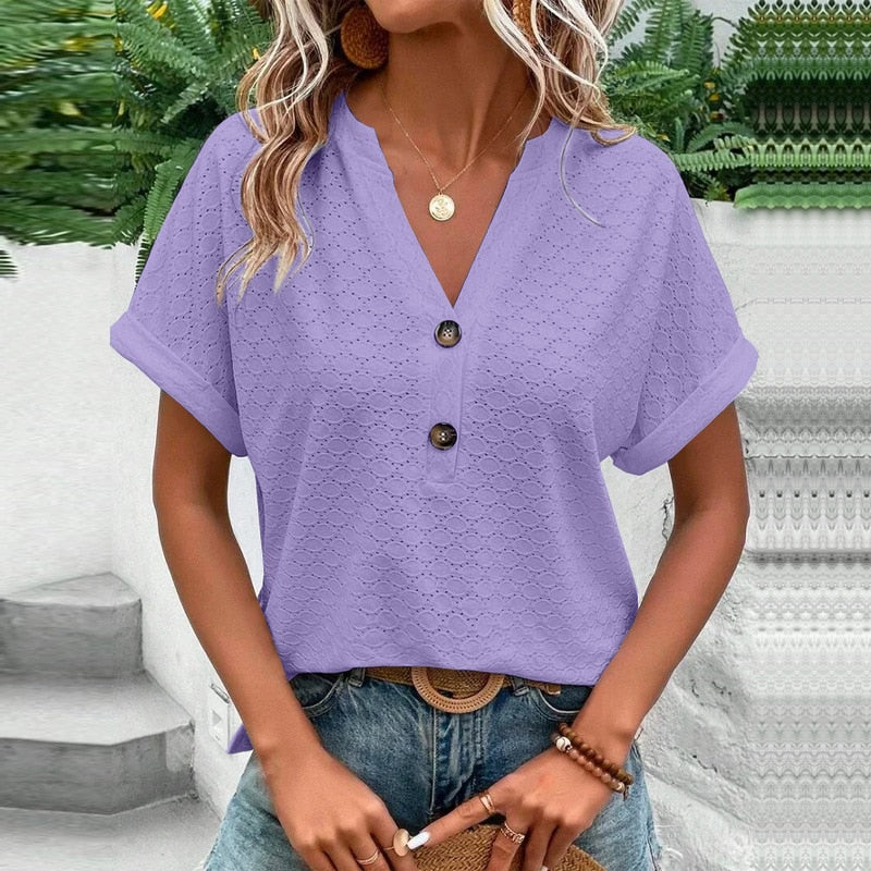 Blouse à col V avec boutons et manches courtes pour femme | Rêve Violet